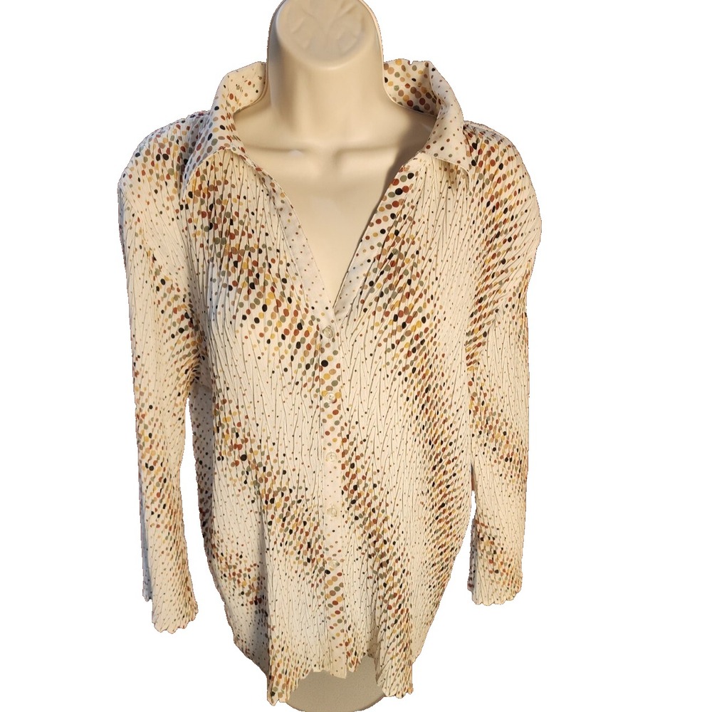E C Designs Women's XL Sheer Multicolor Pleated Button-Up Blouse Top